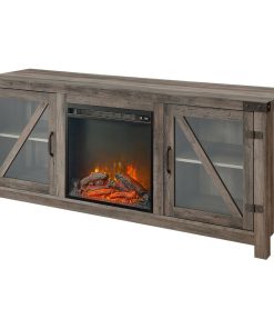58" Glass Barn Door Fireplace Console - Grey Wash