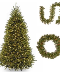 7.5' Dunhill Fir Tree With Norwood Fir Garland and 36" Crestwood Wreath