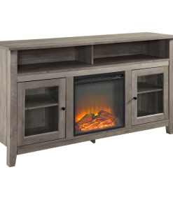 58" Transitional Fireplace Glass Wood TV Stand, Gray Wash