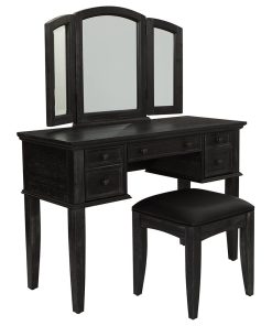Transitional Vanity Set, 3 Drawers With Mirror & Padded Bench, Rustic Black