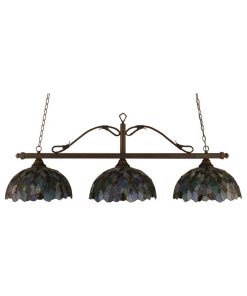Toltec Lighting Scroll 3-Light Billiard Light, Blue Mosaic Glass, Bronze, 16"