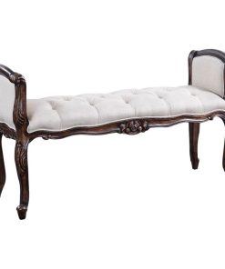Window Bench French Style Carved Wood Distressed Walnut Oatmeal