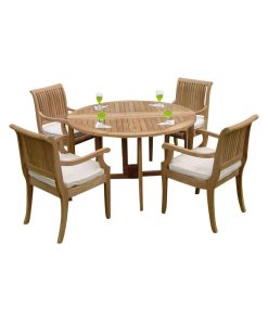 5-Piece Outdoor Teak Dining Set, 48" Round Butterfly Table, 4 Giva Arm Chairs