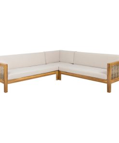 Theresa Wood and Wicker 5 Seater Sectional Sofa Set, Teak, Mixed Brown, Beige