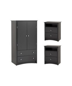 3 Piece Bedroom Set with 2 Nightstand and Wardrobe Armoire, Black Laminate