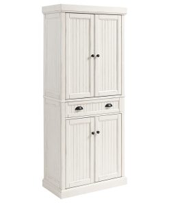 Traditional Tall Pantry Cabinet, 2 Cabinets & Center Drawer, Distressed White
