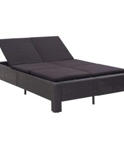 vidaXL 2-Person Sunbed with Cushion Black Poly Rattan Garden Daybed Sunlounger