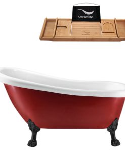 61" Red Clawfoot Tub and Tray, Black Feet, Chrome Internal Drain
