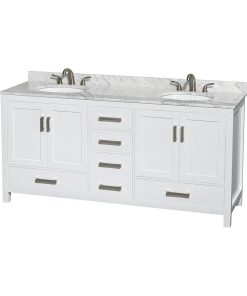 72" Double Vanity,White, White Carrara Marble Top, Undermount Oval Sinks