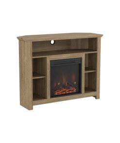 Transitional TV Stand, Corner Design With Fireplace and Open Shelves, Driftwood