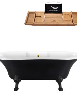 68" Black Clawfoot Tub and Tray, Black Feet, Gold External Drain