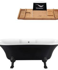 68" Black Clawfoot Tub and Tray, Black Feet, Chrome External Drain