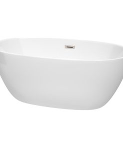 59" Freestanding Bathtub, White With Brushed Nickel Drain and Overflow Trim