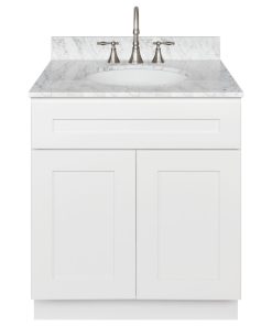 30" Bathroom Vanity, Cara White Marble Top, Faucet LB7B, Antique White