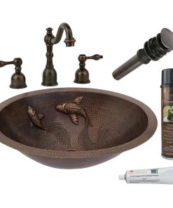 19" Oval Under Counter Small Koi Fish Design Hammered Copper Sink Pack-2
