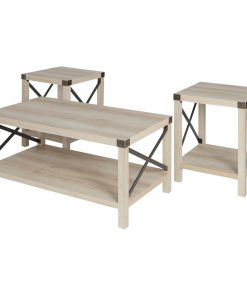 3-Piece Rustic Wood and Metal Accent Table Set - White Oak
