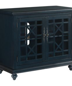 Transitional Wood and Glass TV Stand with Trellis Cabinet Front, Dark Blue