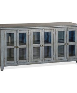 70" Distressed Blue TV Stand Media Console Glass Doors Storage Cabinet