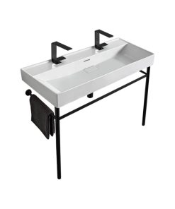 Trough White Ceramic Console Sink and Matte Black Stand, Two Hole