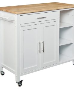 Transitional Kitchen Island Cart, Doors & Drawers With Wooden Top, White Finish