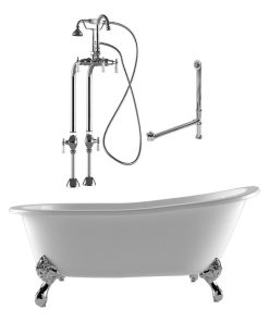 67" Cast Iron Clawfoot Slipper Tub & Chrome Gooseneck Freestanding Plumbing PKG