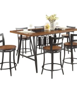 7-Piece Sena Metal Dining Glass Counter Height Table, 6 Swivel Chair Cherry