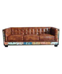 Vintage Industrial Loft 3-Seater Sofa, Tufted Brown Faux Leather Upholstered