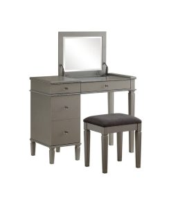 2 Pieces Vanity Set, Rectangular Table With Flip Up Mirror & Padded Stool, Brown