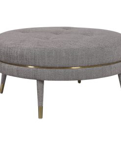 Wide Round Button Tufted Taupe Brass Ottoman, Retro Modern Brown 36" Large