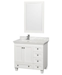 36" Single Vanity,White,White Carrara Marble Top,Undermount Square Sink,Mirror