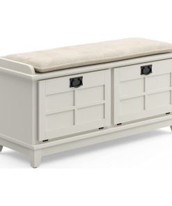 Unique Storage Bench, 2 Drop Down Doors and Removable Suede Cushion, Off White