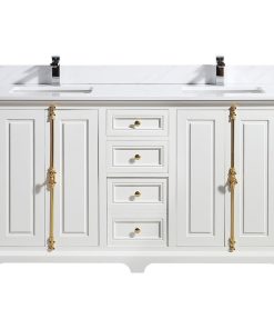 1920-60-01Qz 60" Vanity Matte White Double Sinks With White Carrara Quartz
