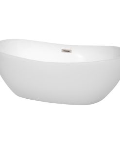 65" Freestanding Bathtub, White With Brushed Nickel Drain and Overflow Trim