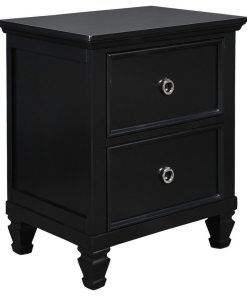 2 Drawer Wooden nightstand with Tapered Legs and Metal Rings, Black
