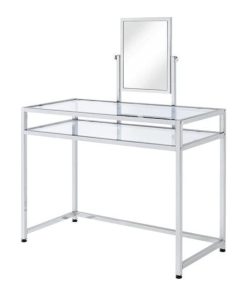 Unique Vanity Set, Metallic Chrome Finished Frame With Mirror & Faux Fur Stool