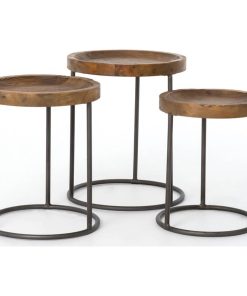 Trio Reclaimed Pine and Iron Round Nesting Tables