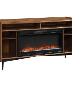 TV Stand, Spacious Open Shelves and Center Fireplace With Remote, Grand Walnut