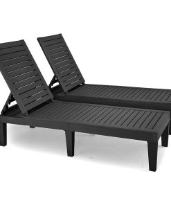 2 Pack Patio Chaise Lounge, Resin Construction & Adjustable Slatted Seat, Black