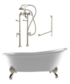 67" Cast Iron Clawfoot Slipper Tub & Freestanding Faucet Plumbing Package- BN