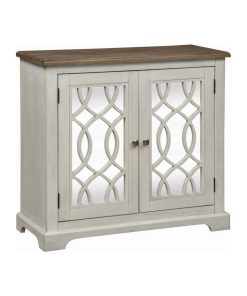 2 Door Mirrored Accent Cabinet, Antique White Finish with Weathered Bronze Tops