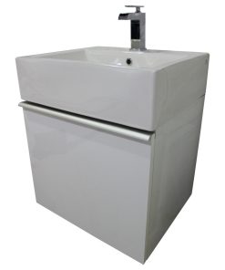 Wall Hung Floating Vanity, White Gloss Sink, Maple Wood Interior