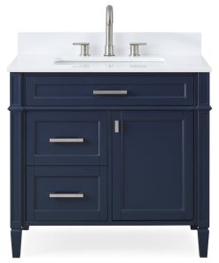 36" Durand Contemporary Navy Blue Bath Vanity, White Quartz Top
