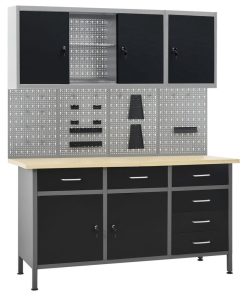 vidaXL Workbench with Four Wall Panels and Two Cabinets Workstation Storage
