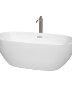 67" Freestanding Bathtub, White, Faucet, Drain, Overflow Trim, Brushed Nickel