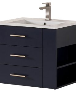 24" Right Side Shelf Vanity Wood Body With Premium White Ceramic, Marine Blue