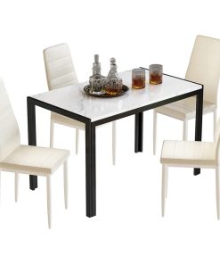 5 Pieces Dining Set, White Marble Tabletop & 4 Padded Faux Marble Chairs, Beige
