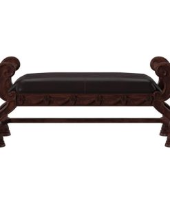 Traditional Bench, Curved Legs With Vinyl Upholstered Seat and Ornate Details