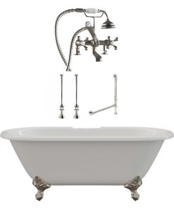 67" Cast Iron Clawfoot Tub & Complete Deck Mount Plumbing PKG in Brushed Nickel