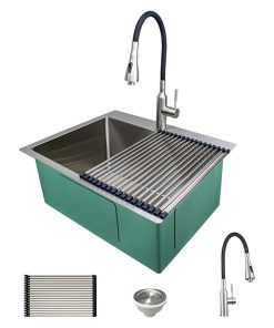 Transolid Dual-Mount Utility Sink Kit, Brushed Stainless, Sink, Faucet, Roll Mat