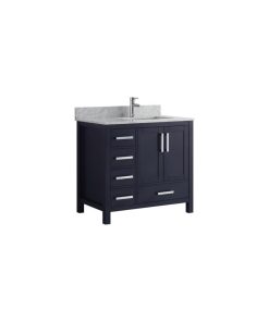 36" Navy Blue Single Vanity, Marble Top, Sink and No Mirror, Right Version